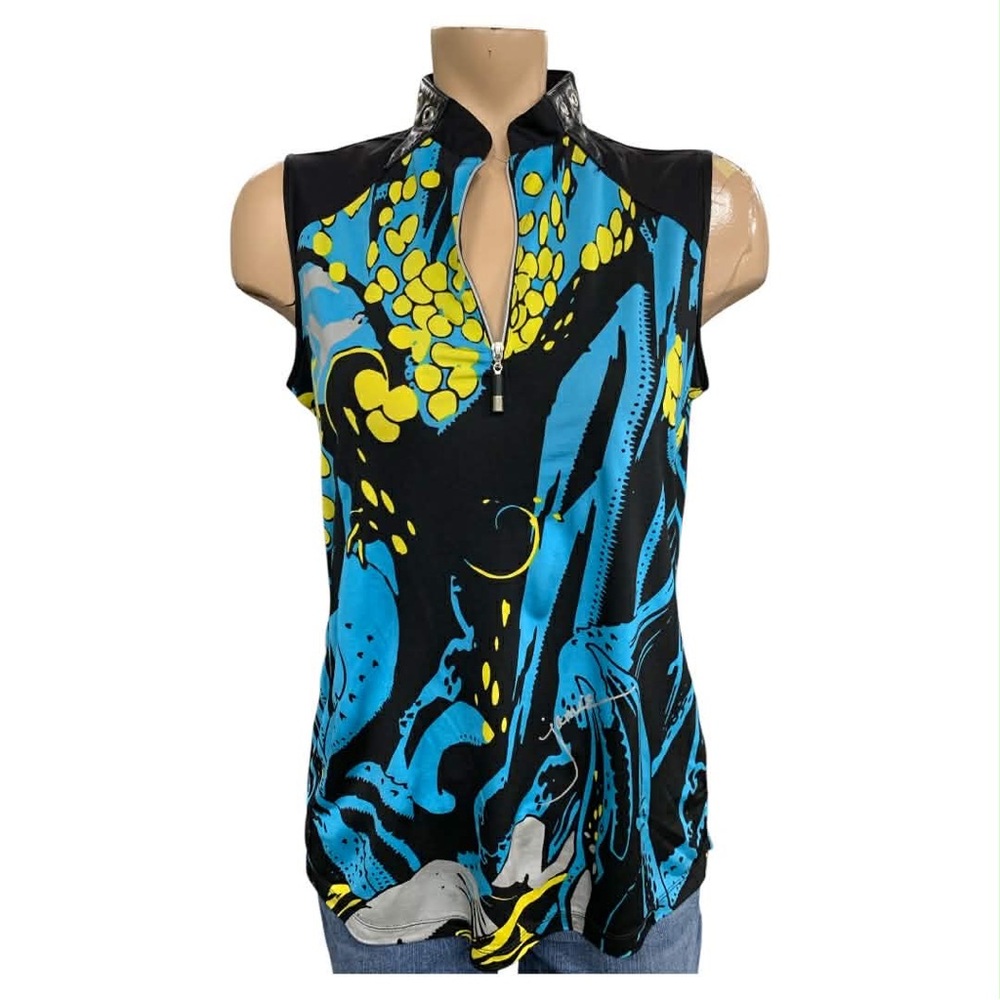 Jamie Sadock Black, Blue & Yellow Sleeveless Keyhole Golf Top Size M
